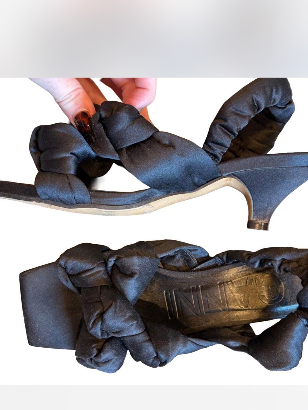 Ganni Black Knotted Satin Slingback Kitten Heels